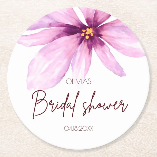 Pink Flower Minimalist elegant Bridal Shower Round Paper Coaster (Front)