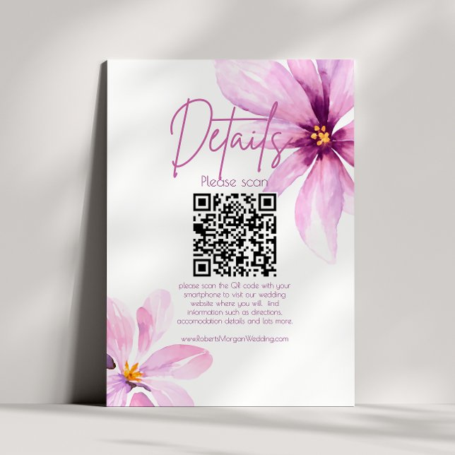 Pink Flower Minimalist QR CODE Wedding Details Enclosure Card (Creator Uploaded)