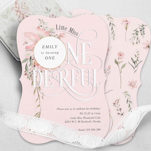 Pink Flower Miss Onederland Girl 1st birthday  (Pink, Girl 1st birthday, LIttle Miss Onederland, Watercolor Wildflower Themed invite.)