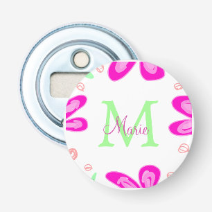 Pink flower monogram add name letter green leaf bottle opener