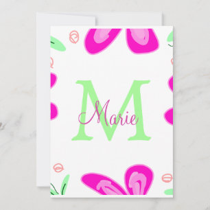 Pink flower monogram add name letter green leaf holiday card