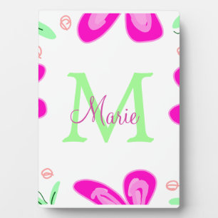 Pink flower monogram add name letter green leaf plaque
