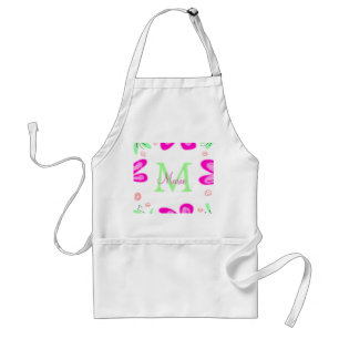 Pink flower monogram add name letter green leaf standard apron