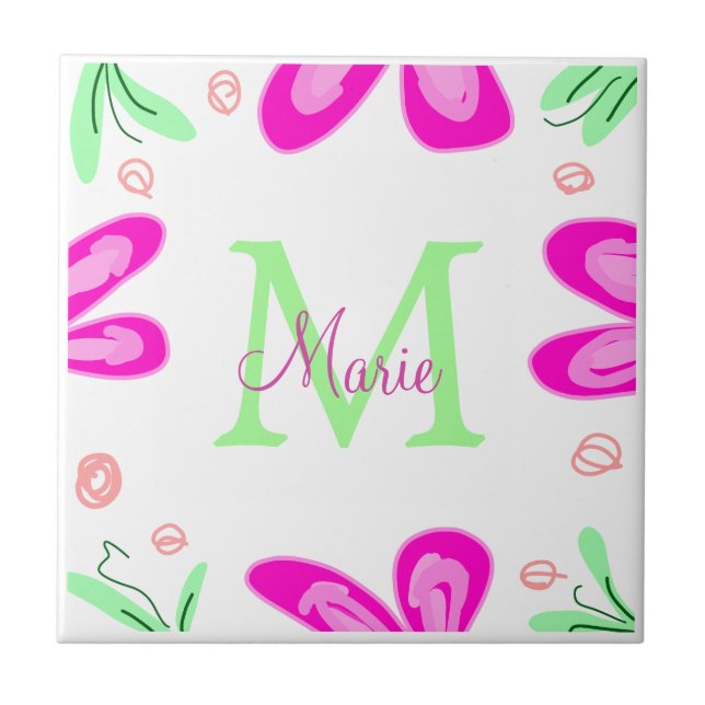 Pink flower monogram add name letter green leaf tile (Front)