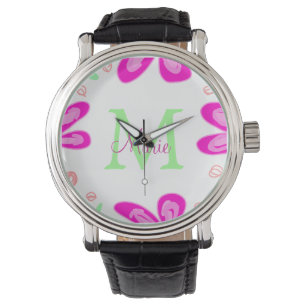 Pink flower monogram add name letter green leaf watch