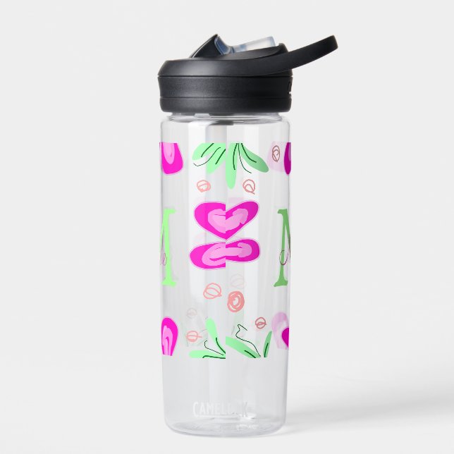 Pink flower monogram add name letter green leaf water bottle (Left)