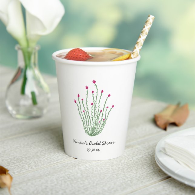 Pink Flower Ocotillo Cactus Bridal Shower Paper Cups (Insitu)