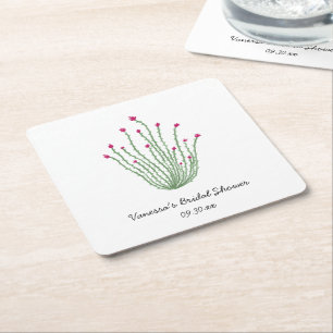 Pink Flower Ocotillo Cactus Bridal Shower Square Paper Coaster