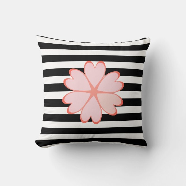Pink Flower on Black and White Striped Cushion (Front)