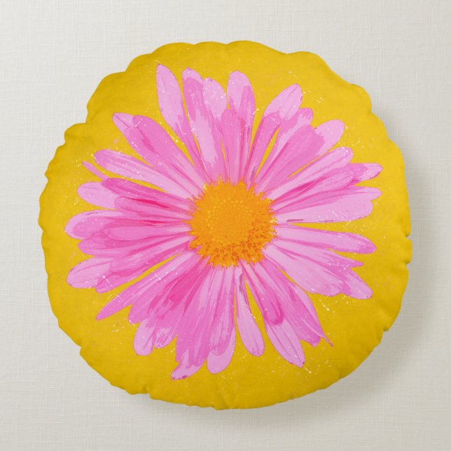 Pink Flower Painting on a Yellow Background Round Cushion (Front)