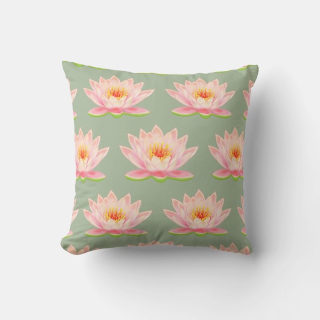 Pink Flower Pattern on Laurel Green Throw Pillow (Front)