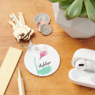 Pink Flower Personalised Name Key Ring
