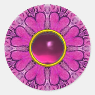 PINK FLOWER PETALS,FLORAL HEARTS AND RUBY GEMSTONE CLASSIC ROUND STICKER