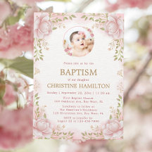 Pink Flower Photo Baptism Invitation