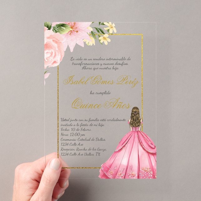 Pink flower Quince invitation in Spanish (Insitu (Handheld))