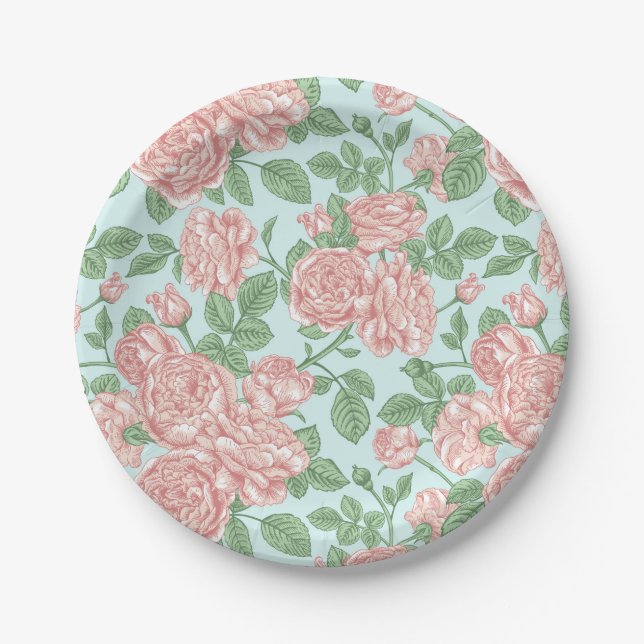Pink Flower Rose Garden Bouquet Pattern Paper Plate (Front)