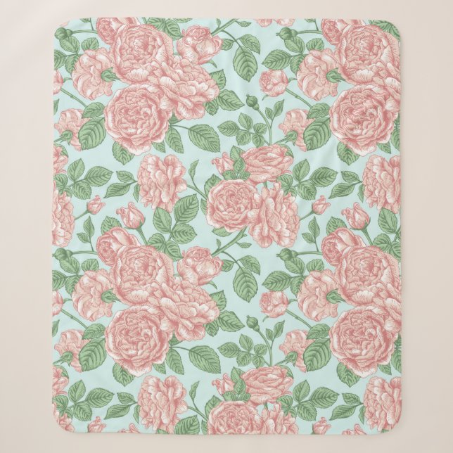Pink Flower Rose Garden Bouquet Pattern Sherpa Blanket (Front)