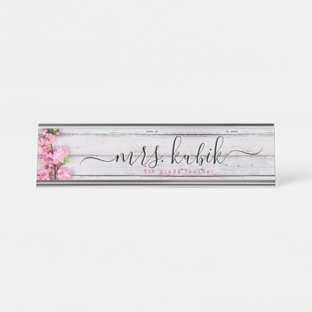 Pink Flower Rose Gold Teacher Desk Name Plate (Front)