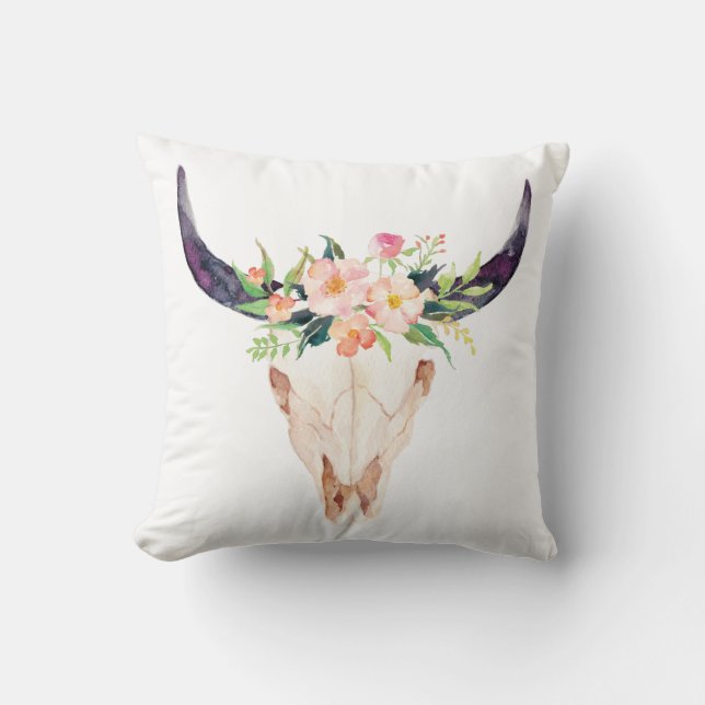 Pink Flower Rustic Bull Skull Cushion (Front)