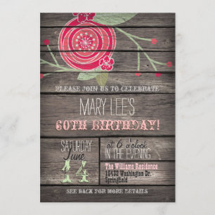 Pink Flower, Rustic Country 60th Birthday Party Invitation