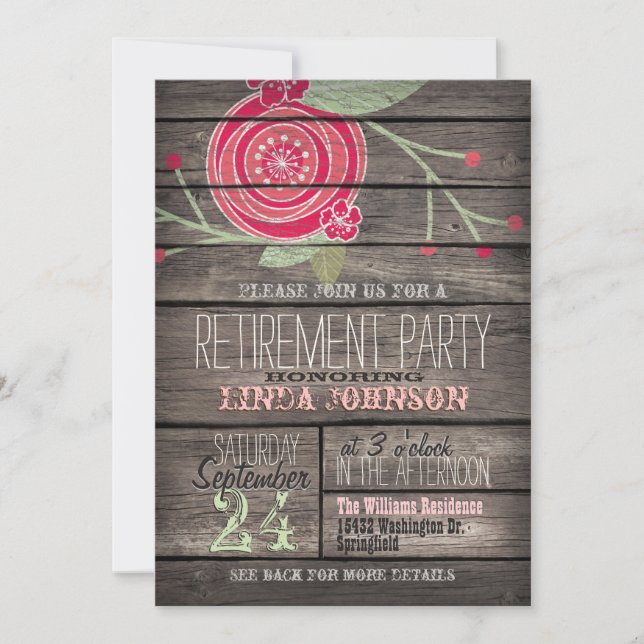 Pink Flower, Rustic Country Wood Retirement Party Invitation (Front)