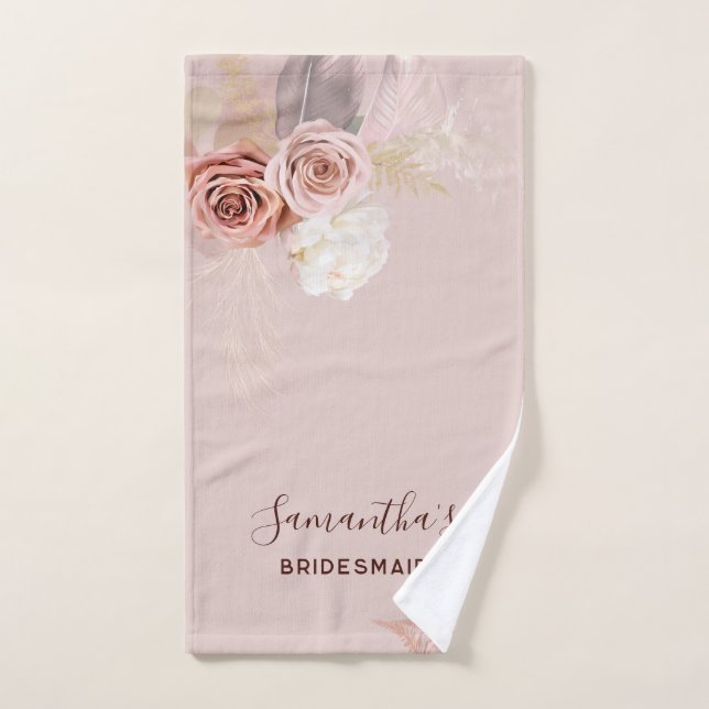 Pink Flower Script Terracotta Bridesmaid Hand Towel (Hand Towel)