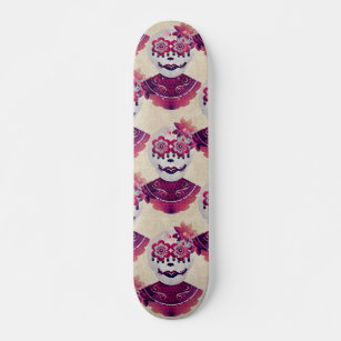 Pink Flower Skull woman  Skateboard