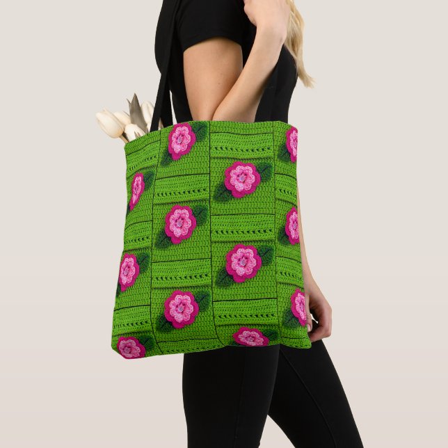Pink Flower Spring Green Artisan Crochet Print Tote Bag (Close Up)
