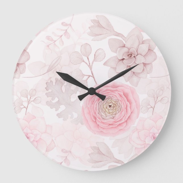 Pink Flower Succulent Illustration Summer Pattern Large Clock (Front)