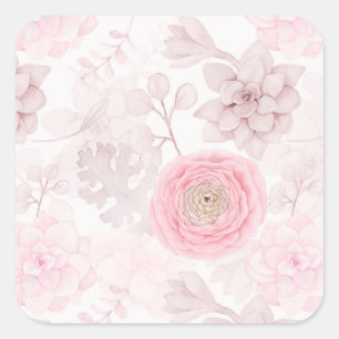 Pink Flower Succulent Illustration Summer Pattern Square Sticker