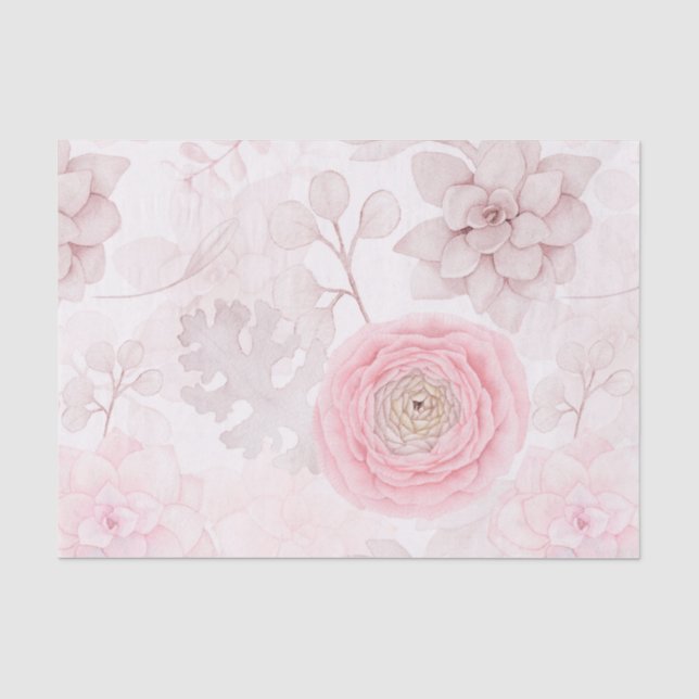Pink Flower Succulent Illustration Summer Pattern Tissue Paper (Front)