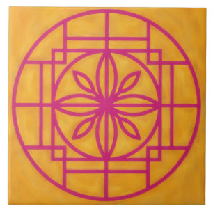 Pink Flower Symbol Decorative Tile on Gold