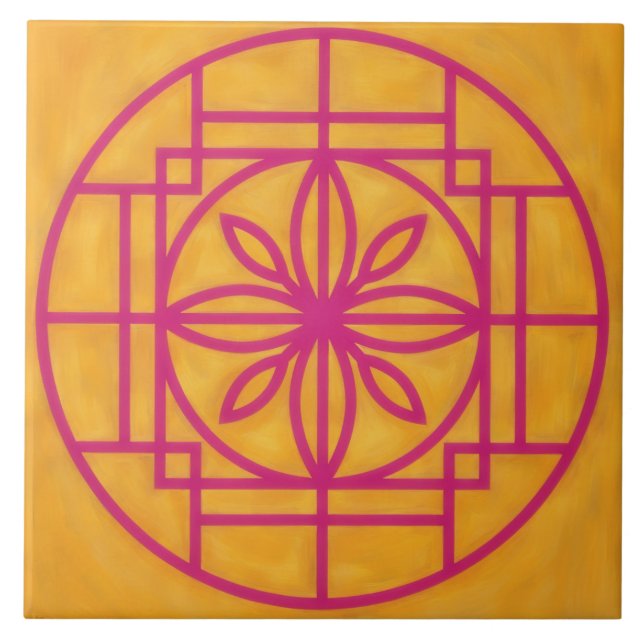 Pink Flower Symbol Decorative Tile on Gold (Front)