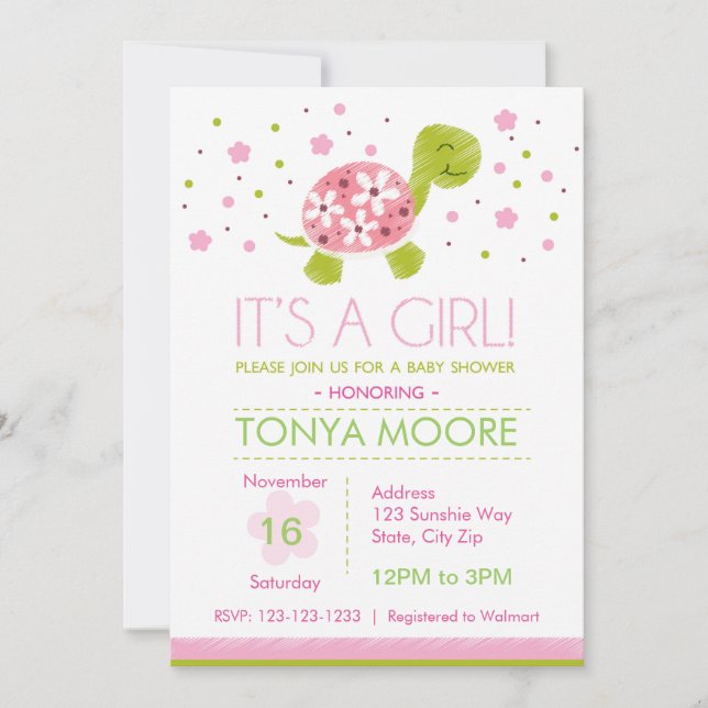 Pink Flower Turtle Baby Shower Invitation (Front)