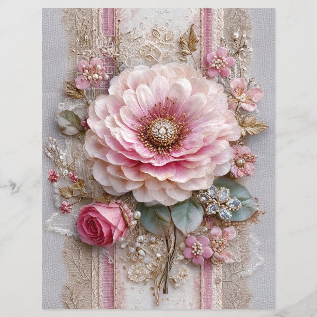 Pink Flower Vintage Junk Journal Scrapbook Paper (Front)