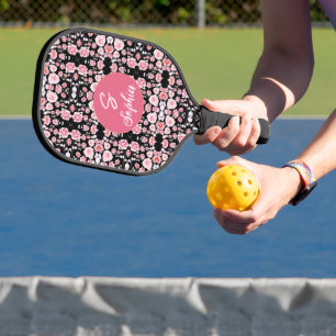 pink flower vintage pattern   Custom Monogram Pickleball Paddle