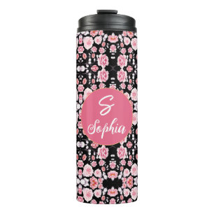 pink flower vintage pattern Custom Monogram Thermal Tumbler