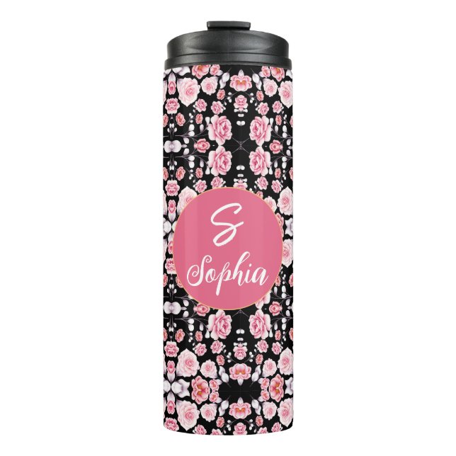 pink flower vintage pattern | Custom Monogram Thermal Tumbler (Front)