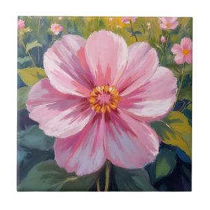 Pink Flower Watercolor Botanical Floral Painting Tile