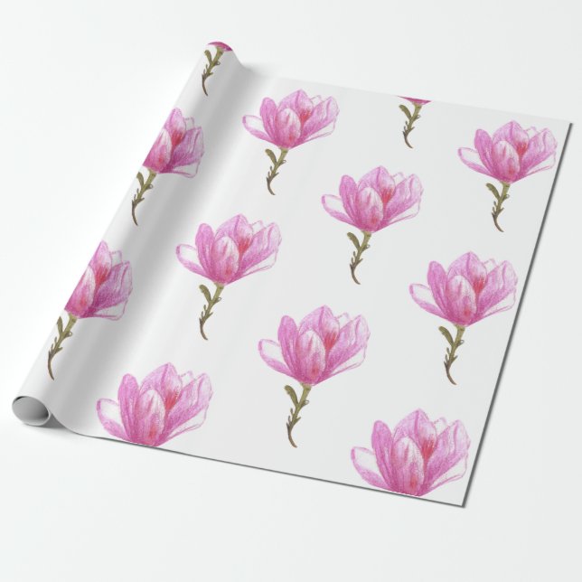Pink Flower Watercolor Drawing  Wrapping Paper (Unrolled)