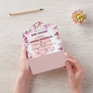 Pink Flower watercolor gradient flower baby shower All In One Invitation