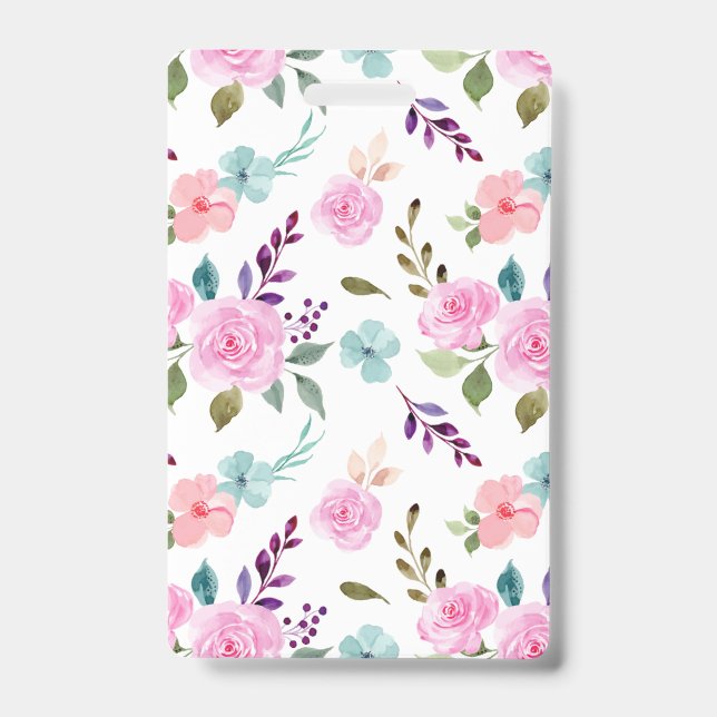 Pink flower watercolor seamless ID badge (Front)