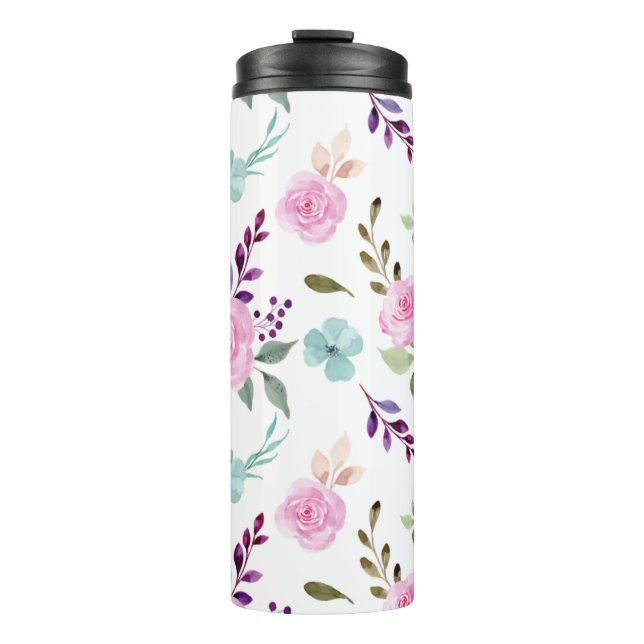 Pink flower watercolor seamless thermal tumbler (Front)