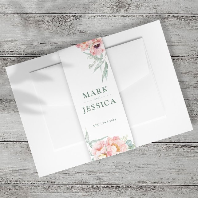 Pink Flower Wedding Invitation Belly Band Portrait (Creator Uploaded)