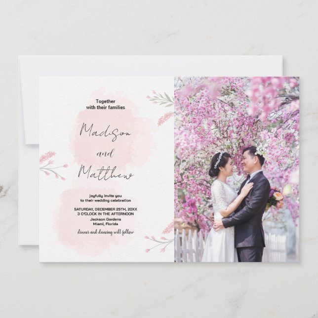 Pink Flower Wedding Invitations with photo (Front)