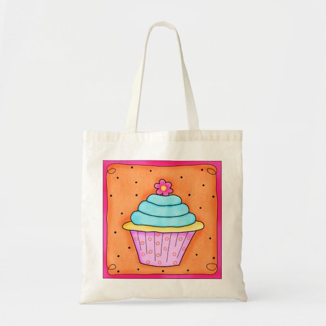 Pink Flower Whimsy Cupcake Tote Bag (Front)