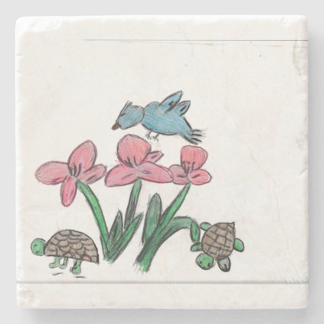 Pink Flower with Bird  Stone Coaster (Front)