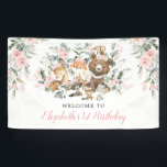 Pink Flower Woodland Forest Animals Girls Birthday Banner<br><div class="desc">This elegant design features soft sage green watercolor greenery,  pink blush flowers,  adorable forest animals and modern lettering. Suitable for a girl 1st birthday / baby shower.</div>