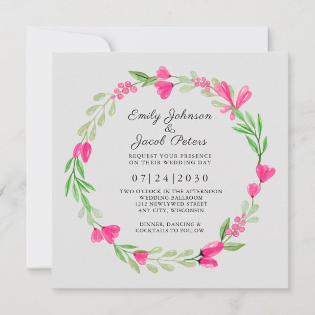 Pink Flower Wreath Elegant Floral Wedding White Announcement (Front)