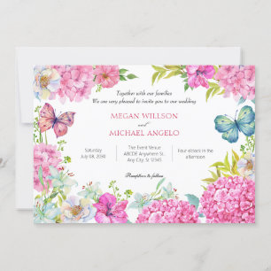 Pink flower wreath watercolor wedding invitation